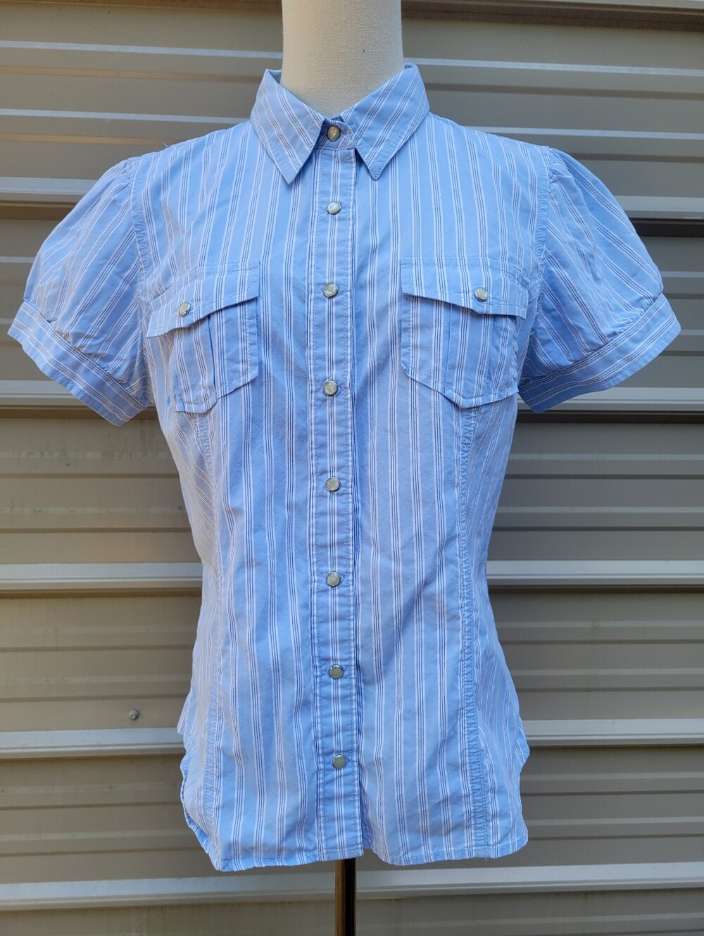 Tommy Hilfiger Light Blue Striped Short-Sleeve Pearl Snap